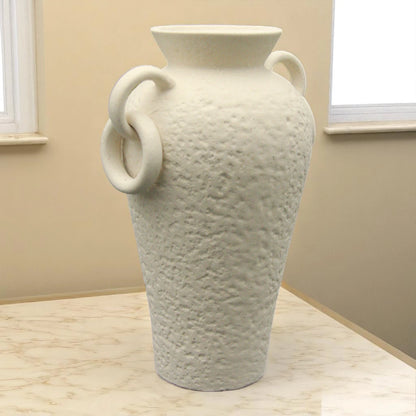 Rustic Ceramic Farmhouse Flower Vase with Two Handles – Cream Decorative Pottery Vase for Living Room, Table, or Shelf - Damoo