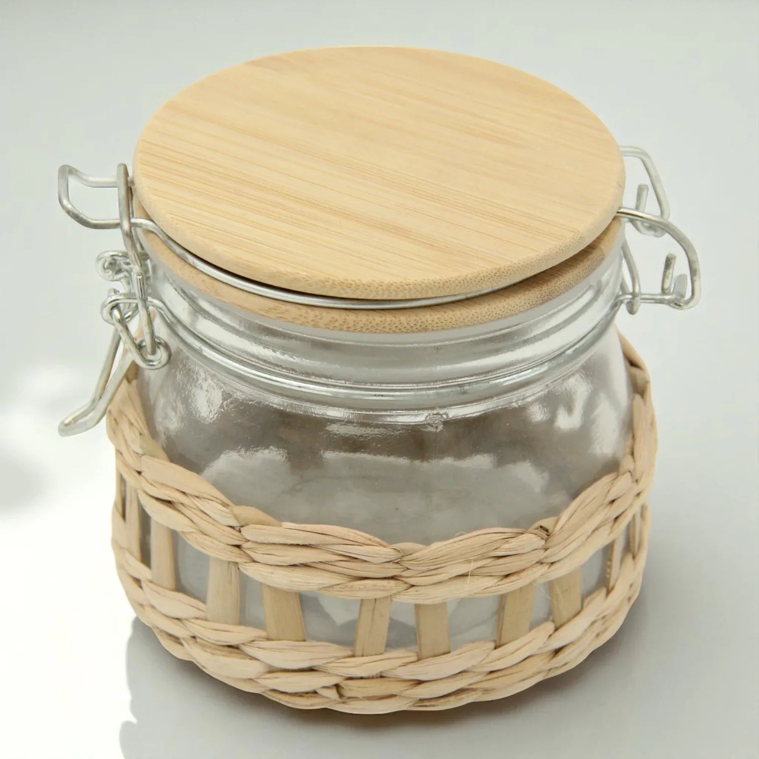 Rustic Glass Storage Jar with Bamboo Lid & Woven Rattan Sleeve – Airtight Small Kitchen Container for Spices, Herbs & Tea - Damoo