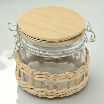Rustic Glass Storage Jar with Bamboo Lid & Woven Rattan Sleeve – Airtight Small Kitchen Container for Spices, Herbs & Tea - Damoo
