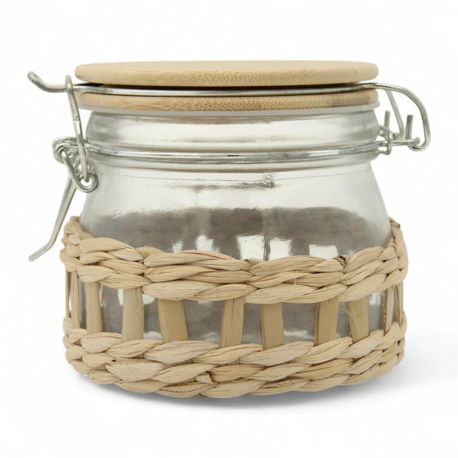 Rustic Glass Storage Jar with Bamboo Lid & Woven Rattan Sleeve – Airtight Small Kitchen Container for Spices, Herbs & Tea - Damoo