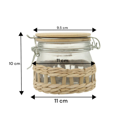 Rustic Glass Storage Jar with Bamboo Lid & Woven Rattan Sleeve – Airtight Small Kitchen Container for Spices, Herbs & Tea - Damoo