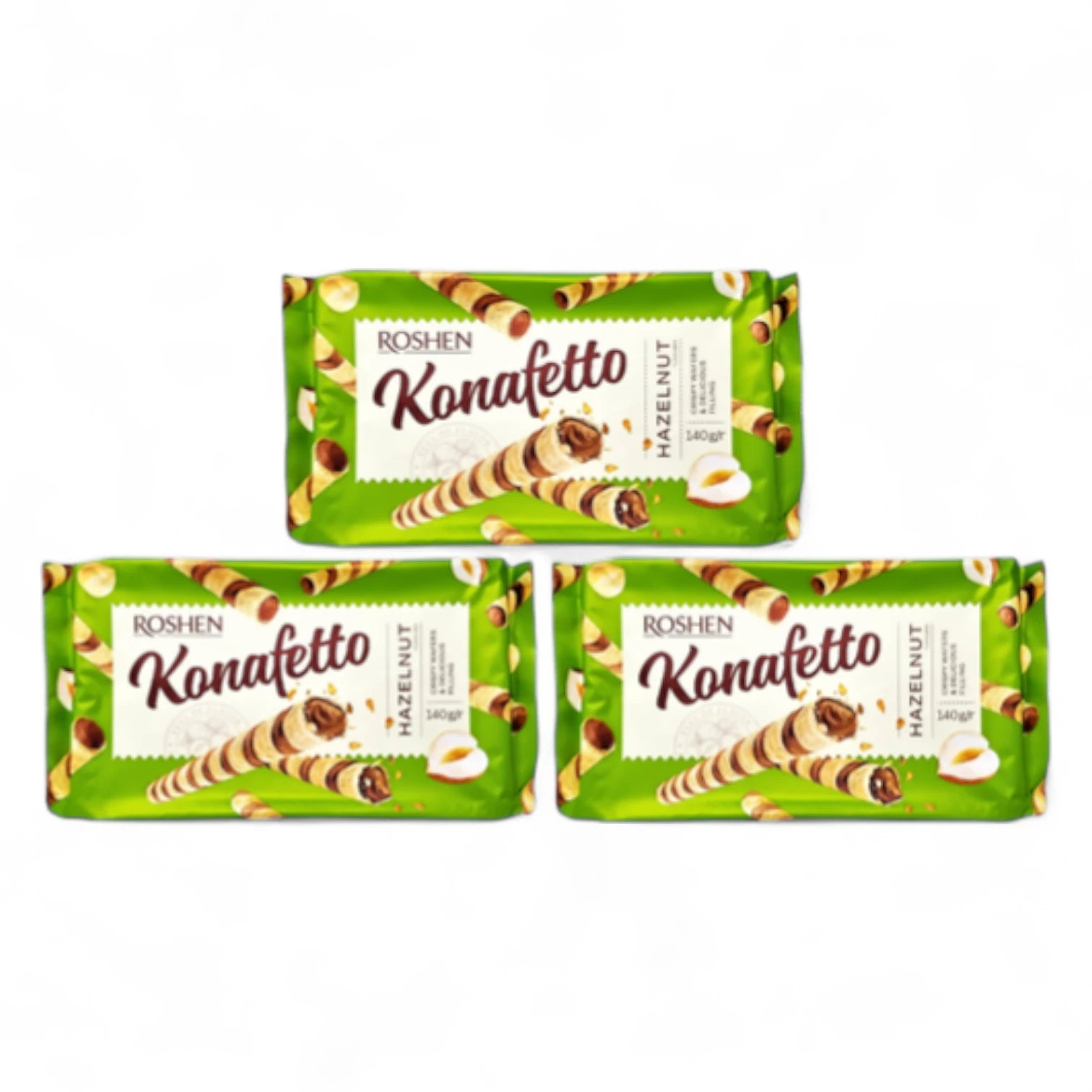 Roshen Konafetto Hazelnut Wafer Rolls – 3 x 140g | Crispy Rolled Wafers with Smooth Hazelnut-Cream Filling | Sweet Snack or Dessert Treat - Damoo