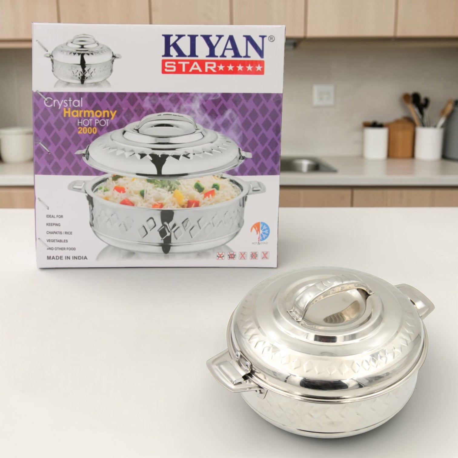 KIYAN Star Crystal Harmony Stainless Steel Insulated Hotpot Casserole with Lid – Thermal Food Warmer Serving Dish with Handles, Available in Two Sizes (2000 ML & 4500 ML) - Damoo