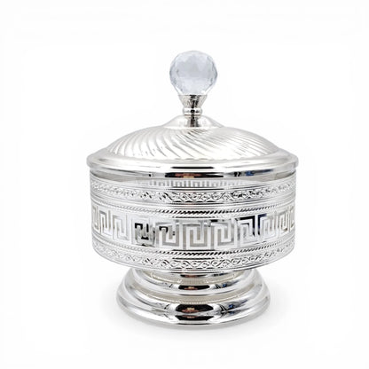 Decorative Metal Serving Bowl with Lid European Style Silver Finish Multi-Use Fruit Snack Storage Jar - Multi sizes - Damoo