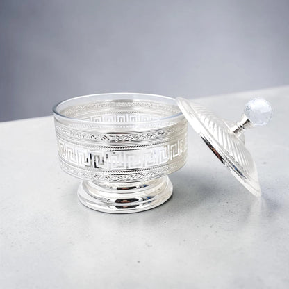 Decorative Metal Serving Bowl with Lid European Style Silver Finish Multi-Use Fruit Snack Storage Jar - Multi sizes - Damoo
