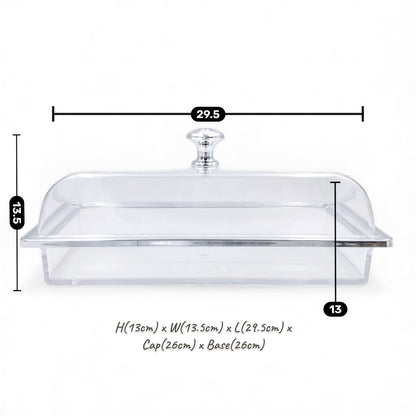 Multifunctional Rectangular Acrylic Cake Stand with Clear Dome Lid – Serving Tray & Pastry Display for Parties, Kitchen & Buffet – Gold & Silver Knob Options (H13cm × L29.5cm × W13.5cm × Cap26cm × Base26cm) - Damoo
