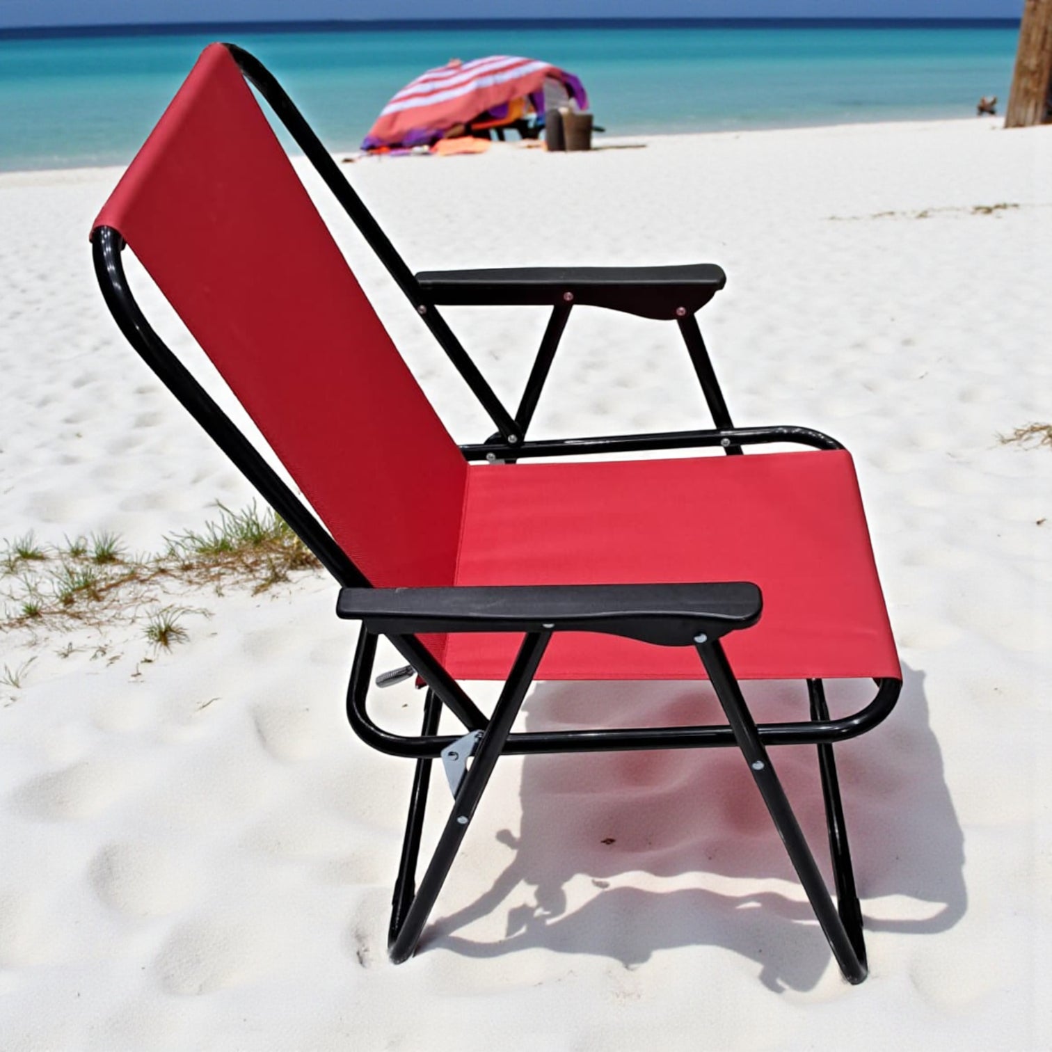Striped Pattern Folding Beach Chair – Lightweight Portable Outdoor Sun Lounger with Armrests | Camping, Garden, Fishing & Picnic Deck Chair (Plain RED)