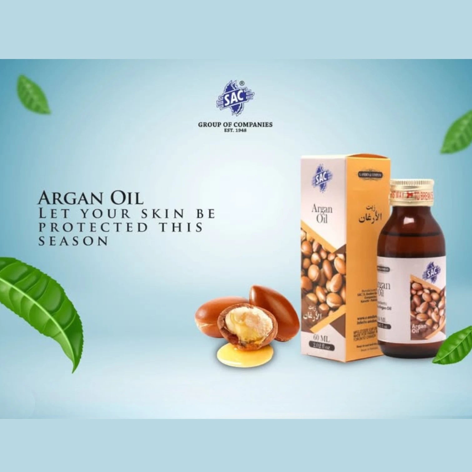 SAC 100% Natural Argan Oil – Premium Vitamin E-Enriched Treatment for Hair & Skin – Anti-Frizz, Anti-Dandruff, Moisturizing & Nourishing – 60ml - Damoo