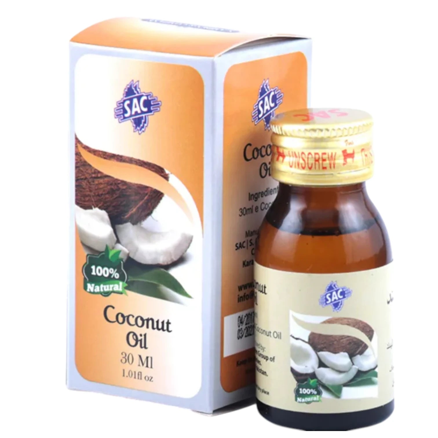SAC 100% Natural Cold-Pressed Coconut Oil 30ml – Pure Multi-Purpose Oil for Skin, Hair & Cooking – Moisturizing, Aromatic & Rich in MCTs - Damoo
