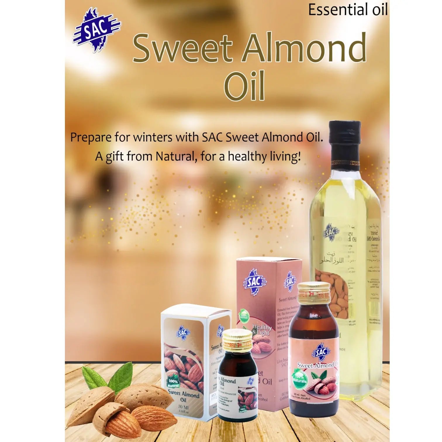 SAC 100% Pure Sweet Almond Oil 60ml – Cold-Pressed Natural Moisturizer for Hair, Face & Body – Anti-Aging, Hair Growth, Dark Circle & Rash Relief - Damoo