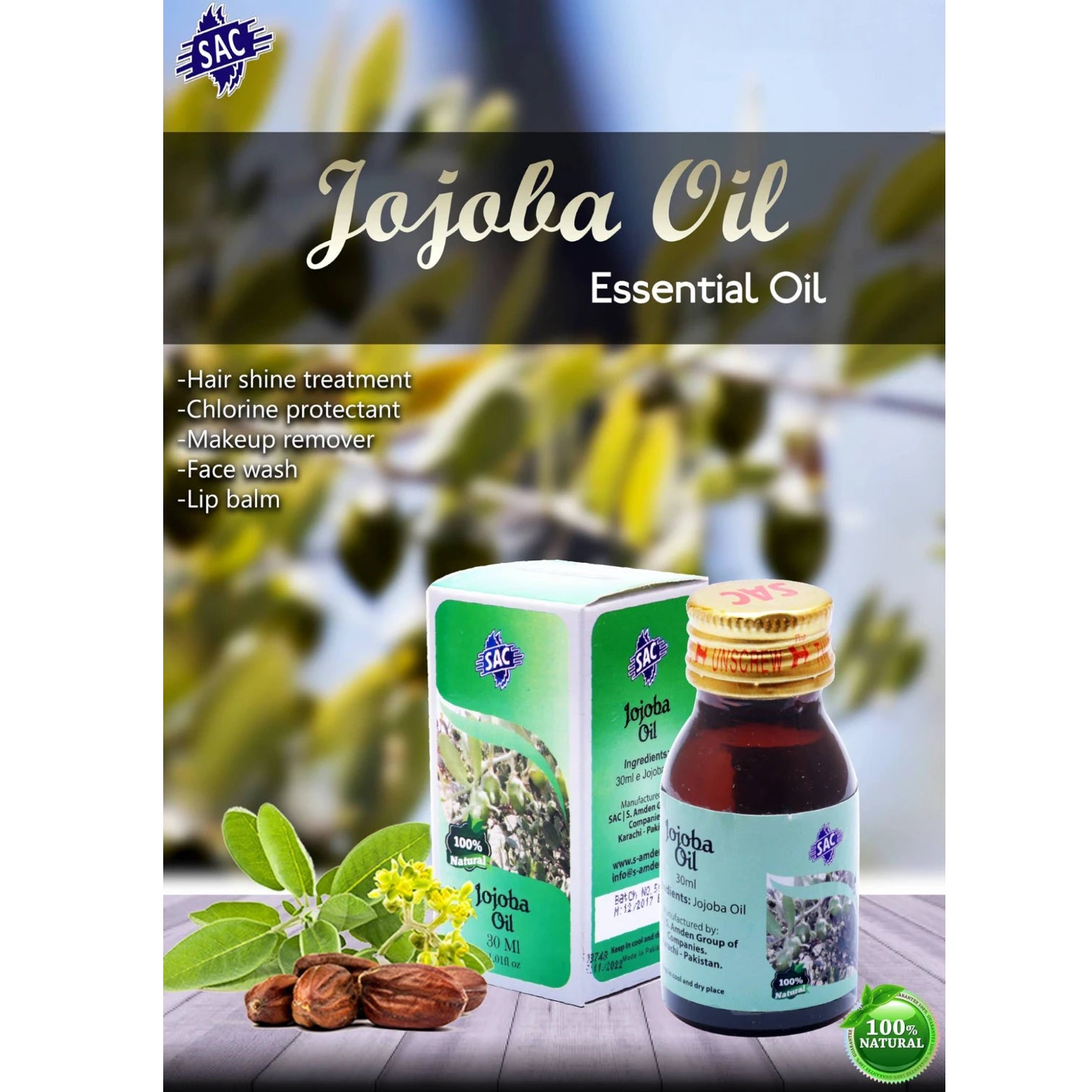 SAC Natural Jojoba Oil 30ml – 100% Pure Cold-Pressed Essential Oil for Face, Skin, Hair & Scalp – Hydrating, Nourishing, Non-Greasy Formula - Damoo