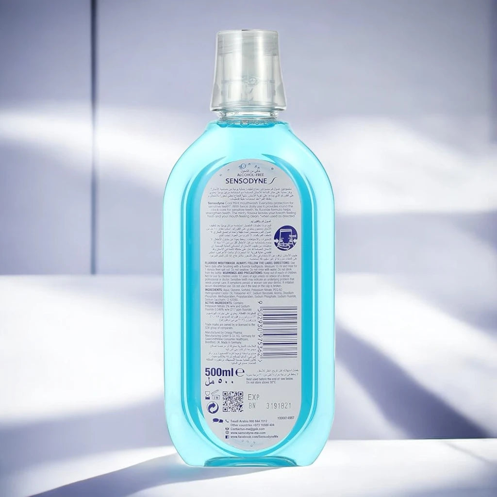 Sensodyne Mouthwash for Sensitive Teeth 500ml – Alcohol-Free, Cool Mint Flavor | Fluoride Mouth Rinse for Fresh Breath & Daily Oral Care - Damoo