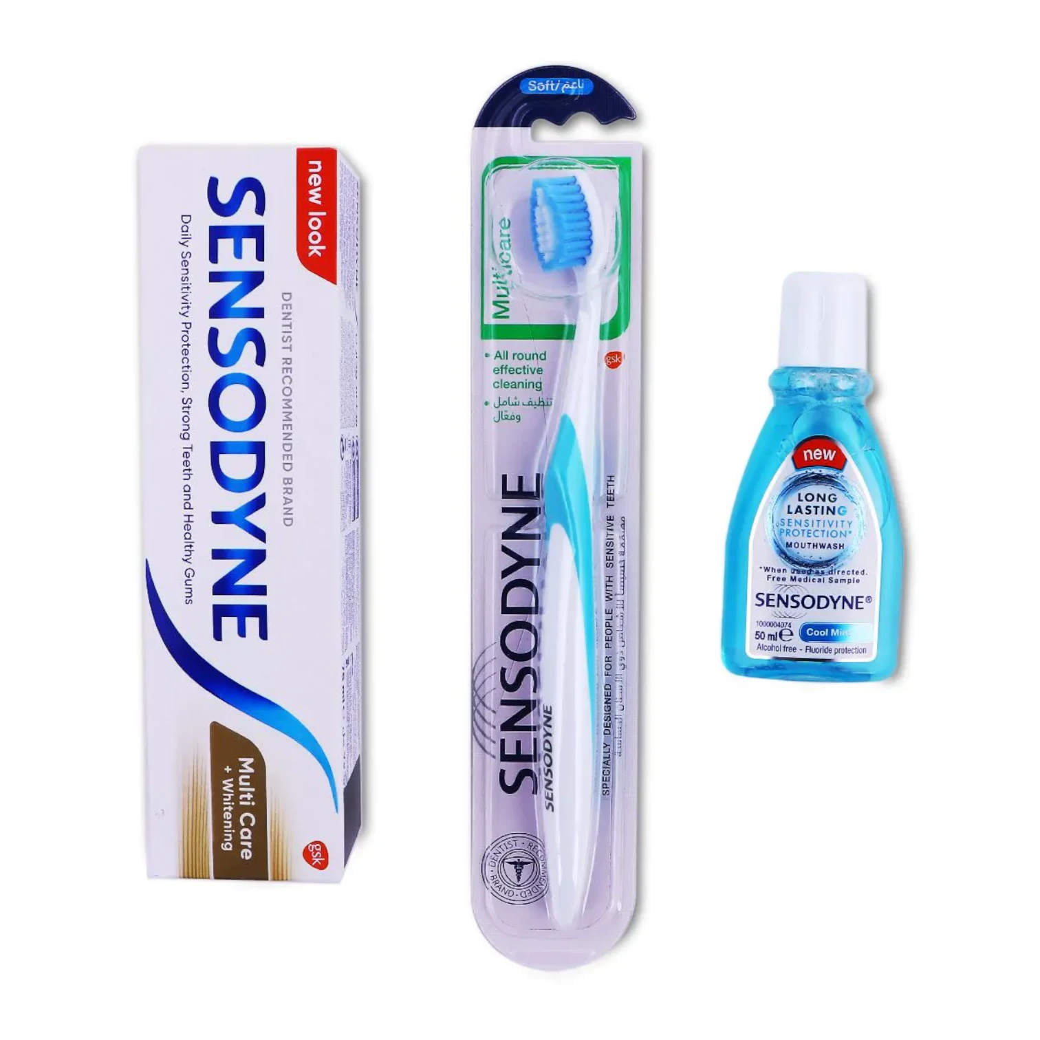 Sensodyne Multi Care Whitening Toothpaste 75ml for Sensitive Teeth + Brush + Mouthwash Pack – Mint Flavour, Cavity Protection, Stain Remover, Gum Care - Damoo