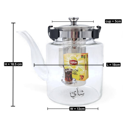 Pyrex Glass Teapot with Stainless Steel Infuser | Heat-Resistant Clear Tea Kettle with Black Handle for Family Use | Borosilicate Teapot for Karak, Tea & Coffee Brewing