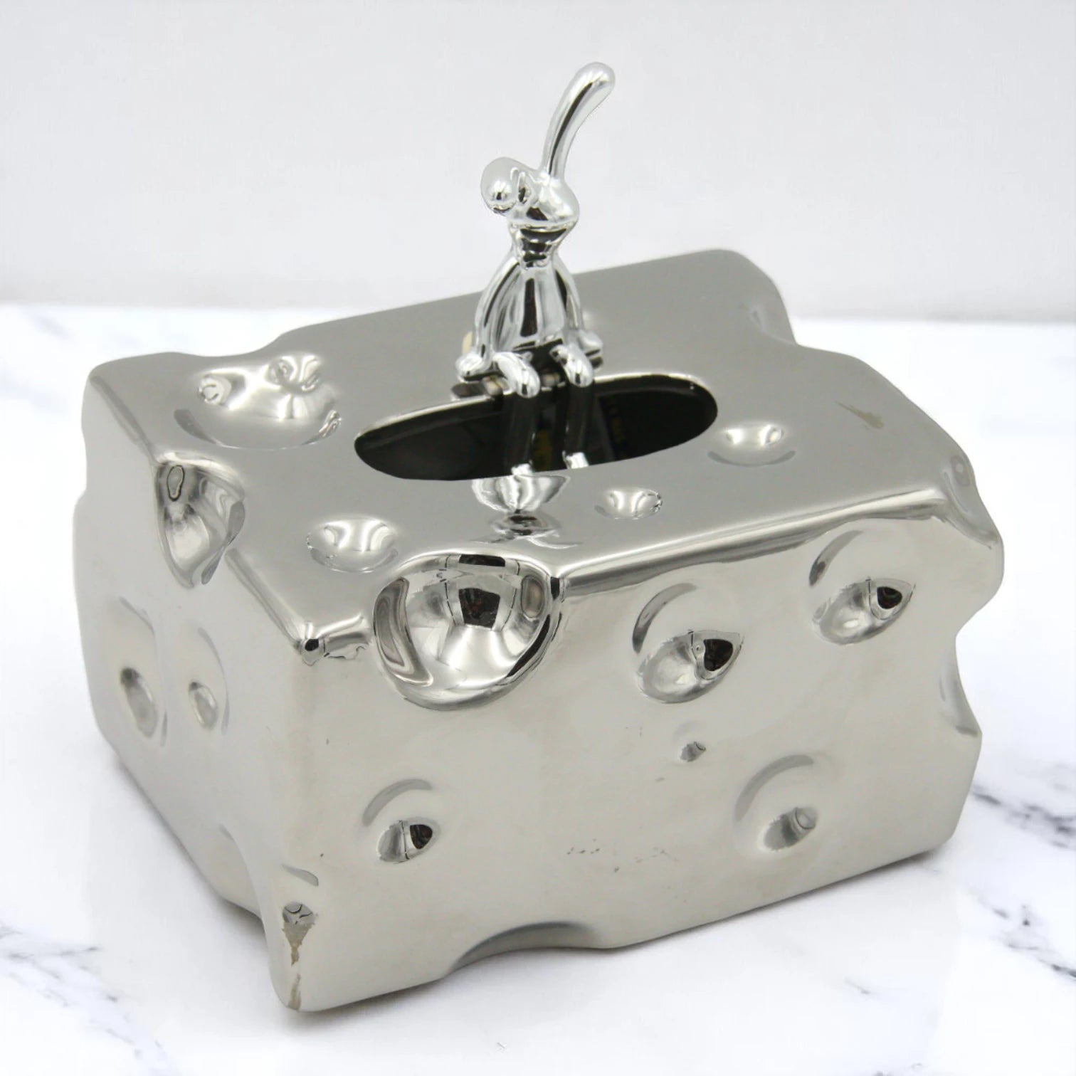 Silver Cheese Block Shaped Tissue Holder with Character Figurine | Fun & Stylish Desktop Tissue Box for Home, Car, Office & More - Damoo