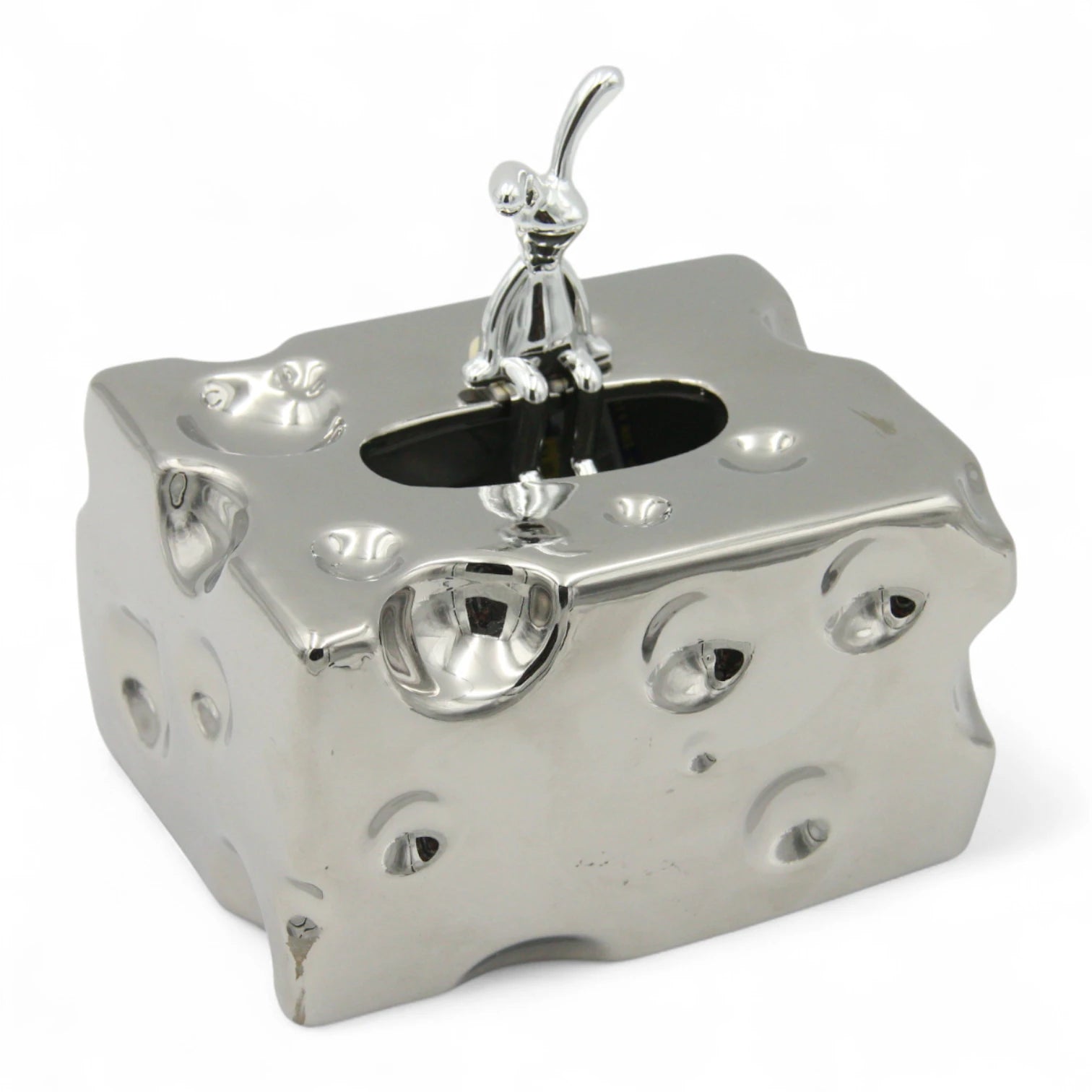 Silver Cheese Block Shaped Tissue Holder with Character Figurine | Fun & Stylish Desktop Tissue Box for Home, Car, Office & More - Damoo