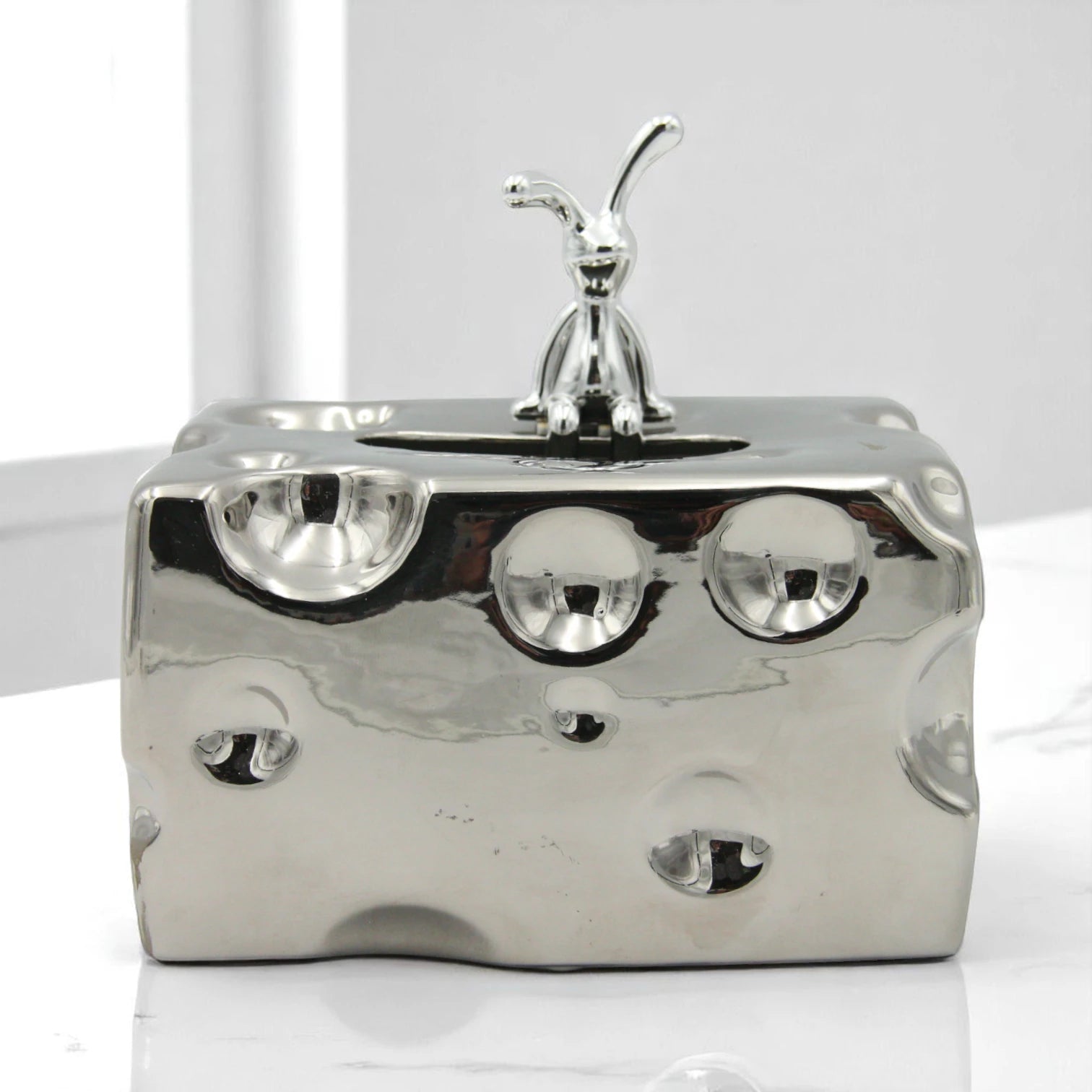 Silver Cheese Block Shaped Tissue Holder with Character Figurine | Fun & Stylish Desktop Tissue Box for Home, Car, Office & More - Damoo