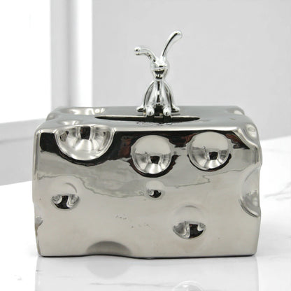 Silver Cheese Block Shaped Tissue Holder with Character Figurine | Fun & Stylish Desktop Tissue Box for Home, Car, Office & More - Damoo