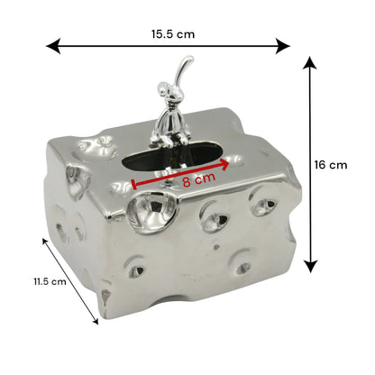 Silver Cheese Block Shaped Tissue Holder with Character Figurine | Fun & Stylish Desktop Tissue Box for Home, Car, Office & More - Damoo
