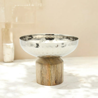 Silver Round Decorative Stainless Steel Serving Bowl with Wooden Stand – Elegant Tabletop Centerpiece for Serving, Storing, or Home Décor - Damoo