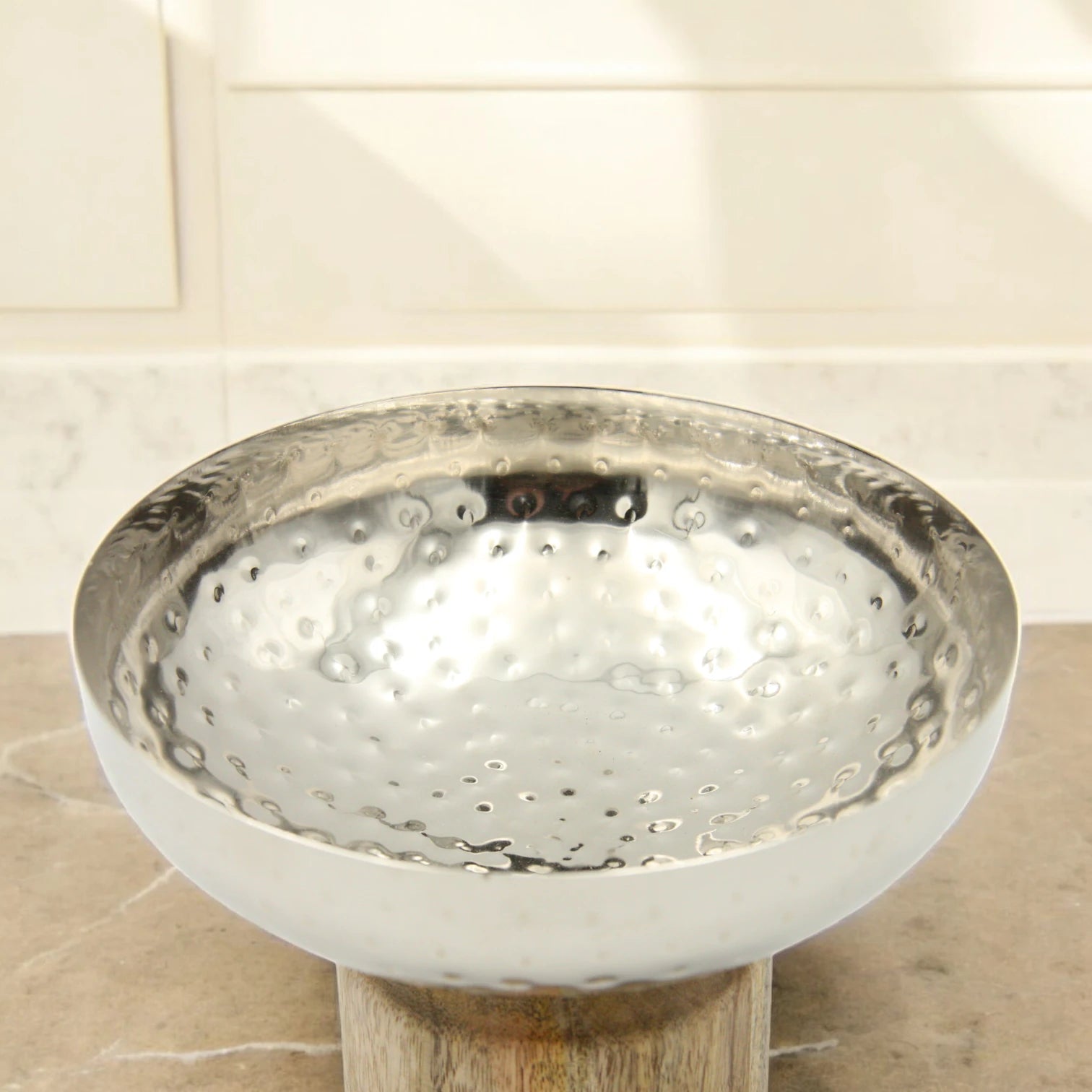 Silver Round Decorative Stainless Steel Serving Bowl with Wooden Stand – Elegant Tabletop Centerpiece for Serving, Storing, or Home Décor - Damoo
