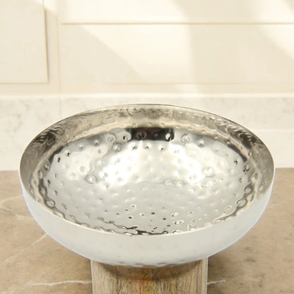 Silver Round Decorative Stainless Steel Serving Bowl with Wooden Stand – Elegant Tabletop Centerpiece for Serving, Storing, or Home Décor - Damoo