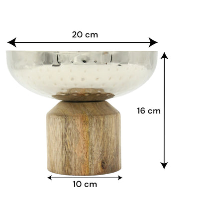 Silver Round Decorative Stainless Steel Serving Bowl with Wooden Stand – Elegant Tabletop Centerpiece for Serving, Storing, or Home Décor - Damoo