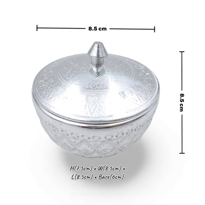 Thai Engraved Aluminum Sugar & Date Bowl with Lid | Silver & Gold | 8.5cm | Hospitality Dish for Sweets, Dates, Sugar & Arabic Coffee Service
