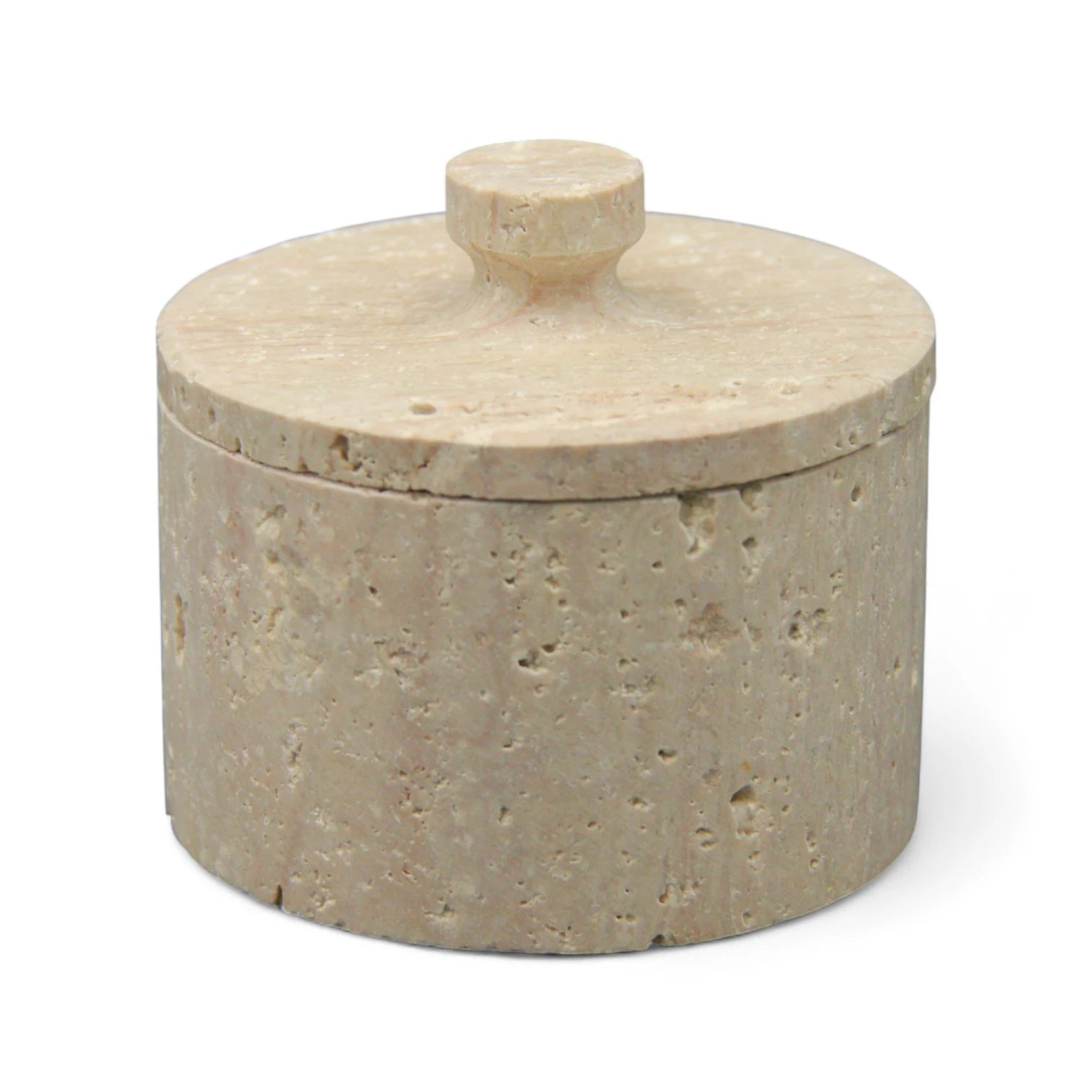 Small Travertine Storage Jar with Lid – Natural Beige Stone Organizer for Cotton Swabs, Jewelry, Candles & Home Decor - Damoo