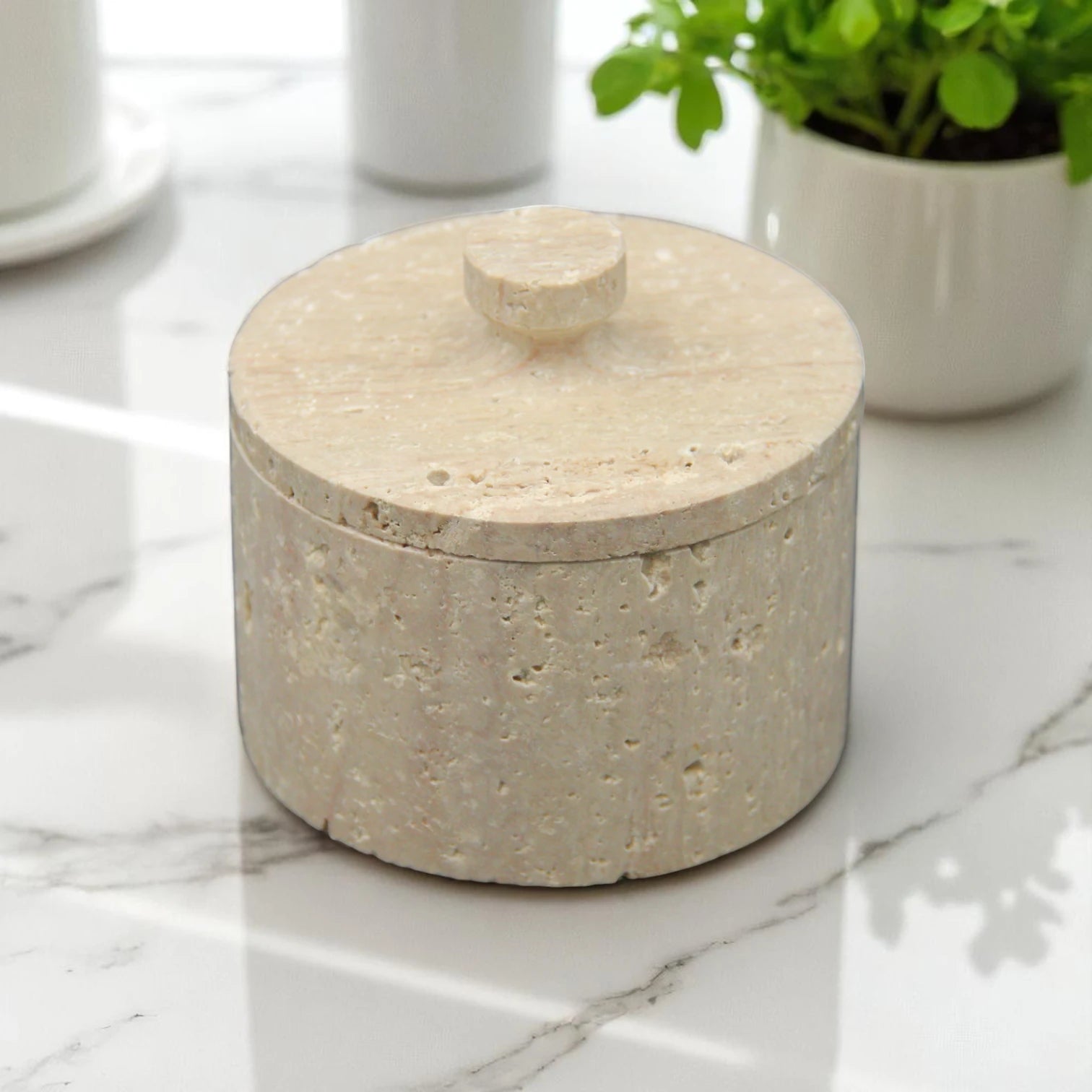 Small Travertine Storage Jar with Lid – Natural Beige Stone Organizer for Cotton Swabs, Jewelry, Candles & Home Decor - Damoo