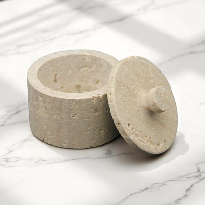 Small Travertine Storage Jar with Lid – Natural Beige Stone Organizer for Cotton Swabs, Jewelry, Candles & Home Decor - Damoo