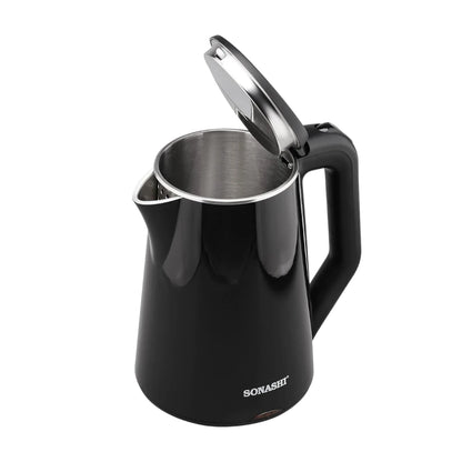 Sonashi 1.8L Cordless Electric Kettle (SKT-1808N) – 2200W Stainless Steel Double Layer Cool-Touch Kettle with Auto Shut-Off, Boil-Dry Protection, 360° Swivel Base & Light Indicator – Black - Damoo
