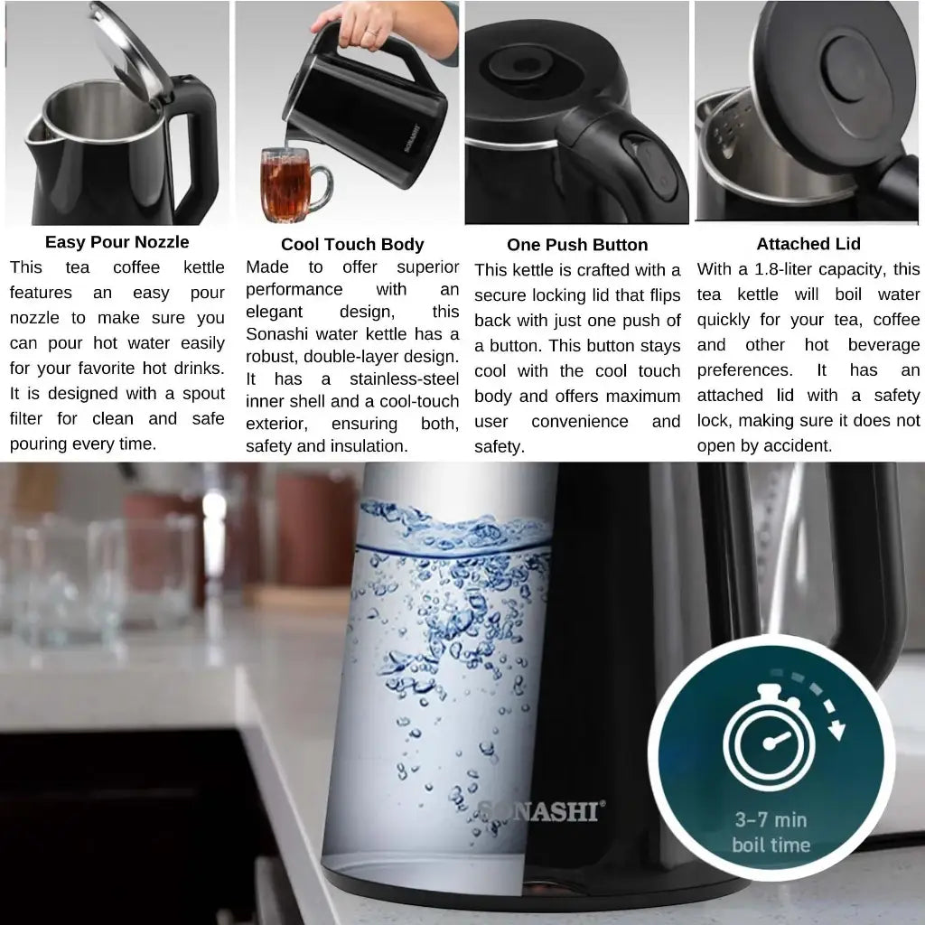 Sonashi 1.8L Cordless Electric Kettle (SKT-1808N) – 2200W Stainless Steel Double Layer Cool-Touch Kettle with Auto Shut-Off, Boil-Dry Protection, 360° Swivel Base & Light Indicator – Black - Damoo