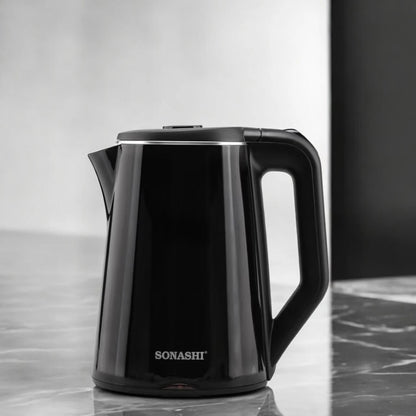 Sonashi 1.8L Cordless Electric Kettle (SKT-1808N) – 2200W Stainless Steel Double Layer Cool-Touch Kettle with Auto Shut-Off, Boil-Dry Protection, 360° Swivel Base & Light Indicator – Black - Damoo