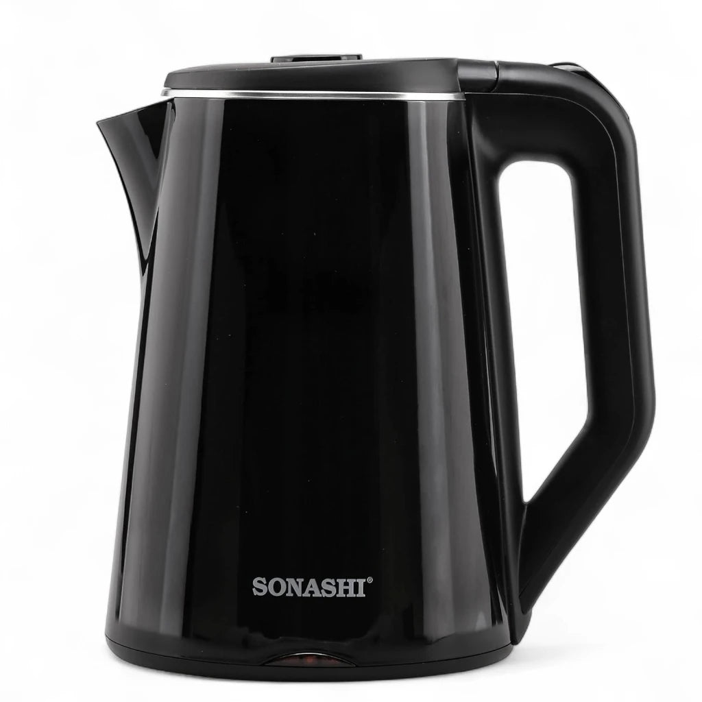 Sonashi 1.8L Cordless Electric Kettle (SKT-1808N) – 2200W Stainless Steel Double Layer Cool-Touch Kettle with Auto Shut-Off, Boil-Dry Protection, 360° Swivel Base & Light Indicator – Black - Damoo