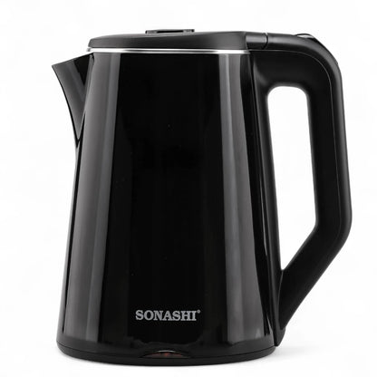 Sonashi 1.8L Cordless Electric Kettle (SKT-1808N) – 2200W Stainless Steel Double Layer Cool-Touch Kettle with Auto Shut-Off, Boil-Dry Protection, 360° Swivel Base & Light Indicator – Black - Damoo