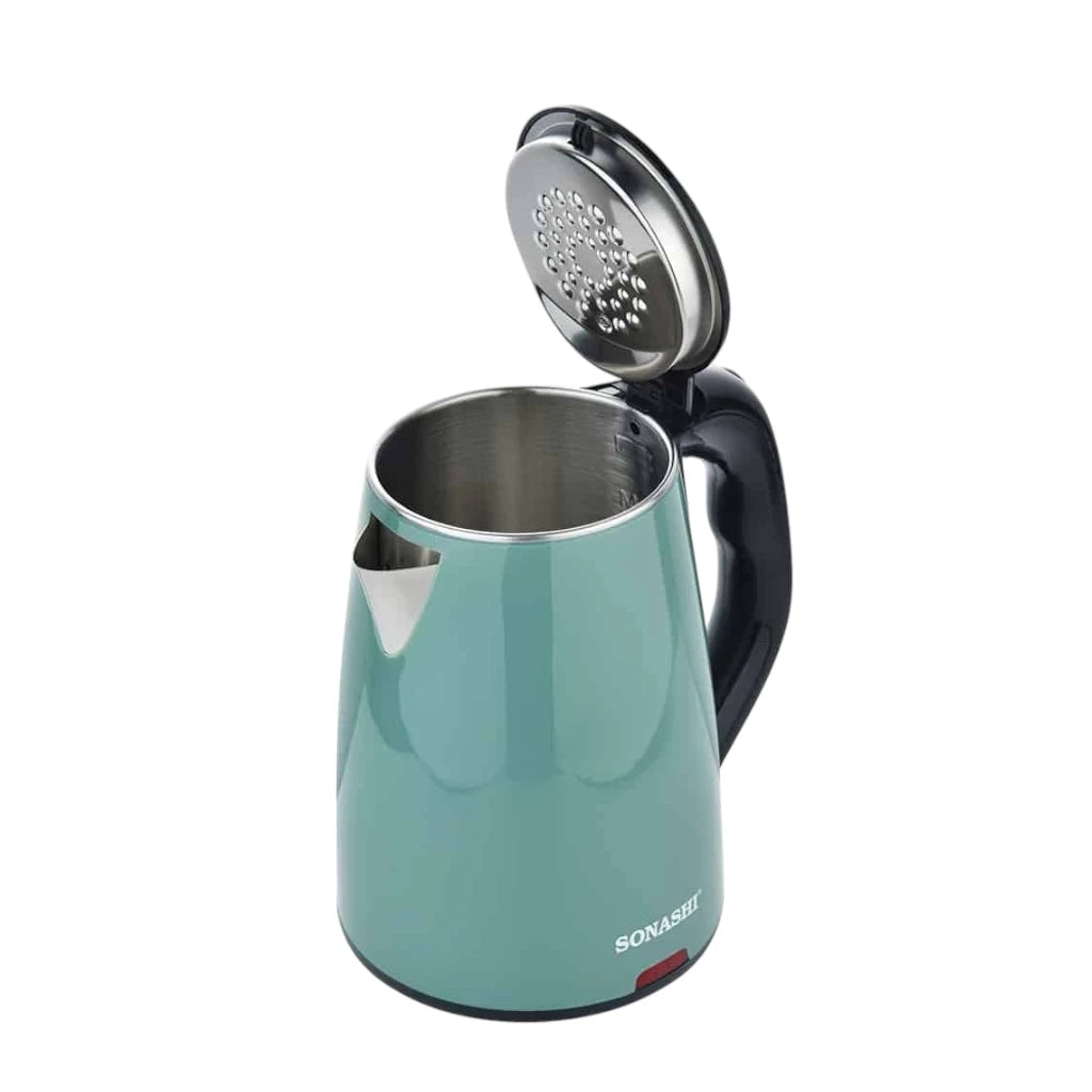 Sonashi 1.8L Cordless Electric Kettle (SKT-1811N) – 1500W Green Double-Layer Cool-Touch Body, Food-Grade Stainless Steel Inner, 360° Swivel Base, Auto Shut-Off & Boil-Dry Protection - Green - Damoo