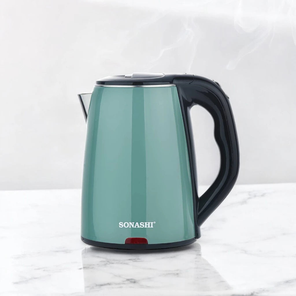 Sonashi 1.8L Cordless Electric Kettle (SKT-1811N) – 1500W Green Double-Layer Cool-Touch Body, Food-Grade Stainless Steel Inner, 360° Swivel Base, Auto Shut-Off & Boil-Dry Protection - Green - Damoo