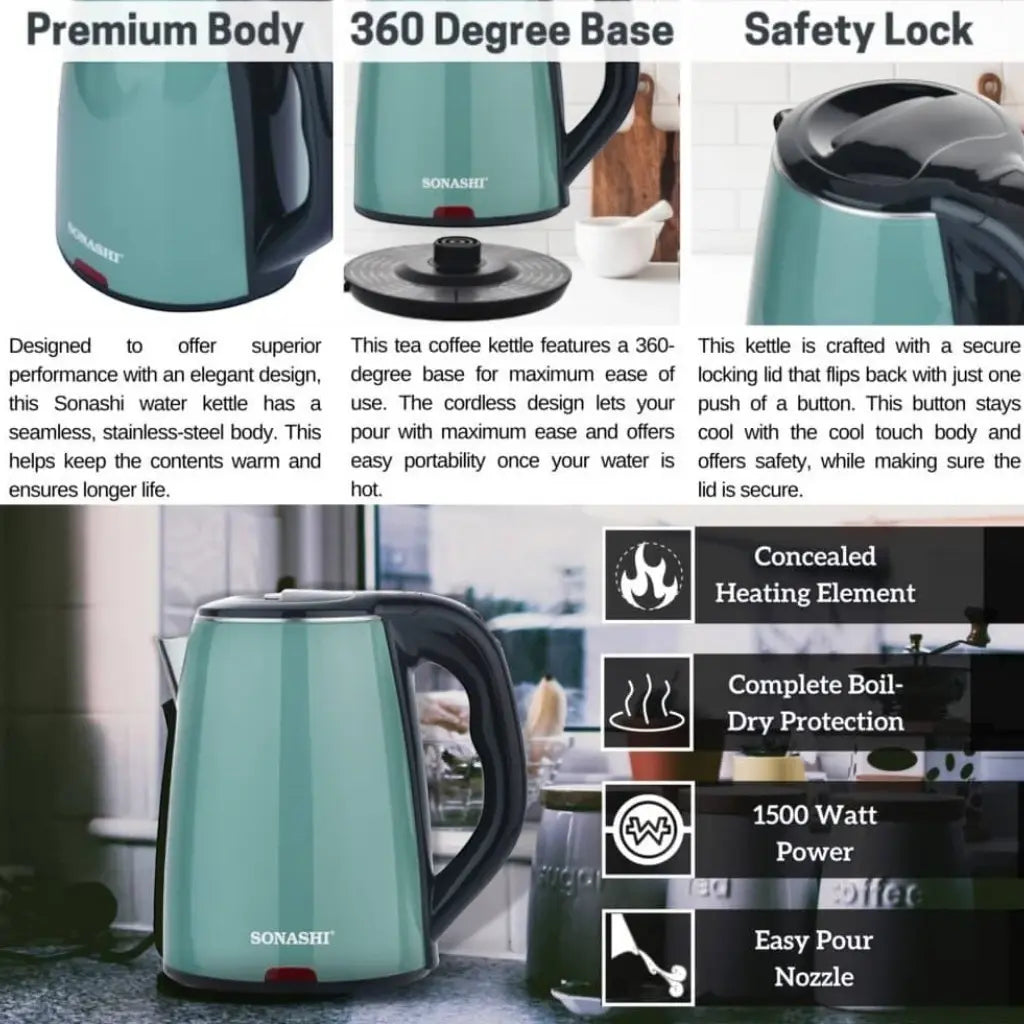 Sonashi 1.8L Cordless Electric Kettle (SKT-1811N) – 1500W Green Double-Layer Cool-Touch Body, Food-Grade Stainless Steel Inner, 360° Swivel Base, Auto Shut-Off & Boil-Dry Protection - Green - Damoo