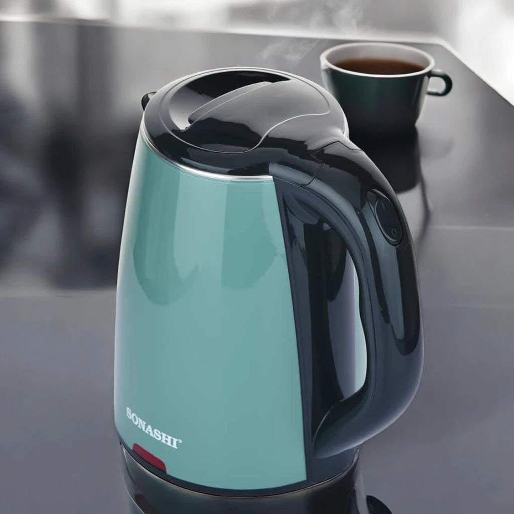 Sonashi 1.8L Cordless Electric Kettle (SKT-1811N) – 1500W Green Double-Layer Cool-Touch Body, Food-Grade Stainless Steel Inner, 360° Swivel Base, Auto Shut-Off & Boil-Dry Protection - Green - Damoo