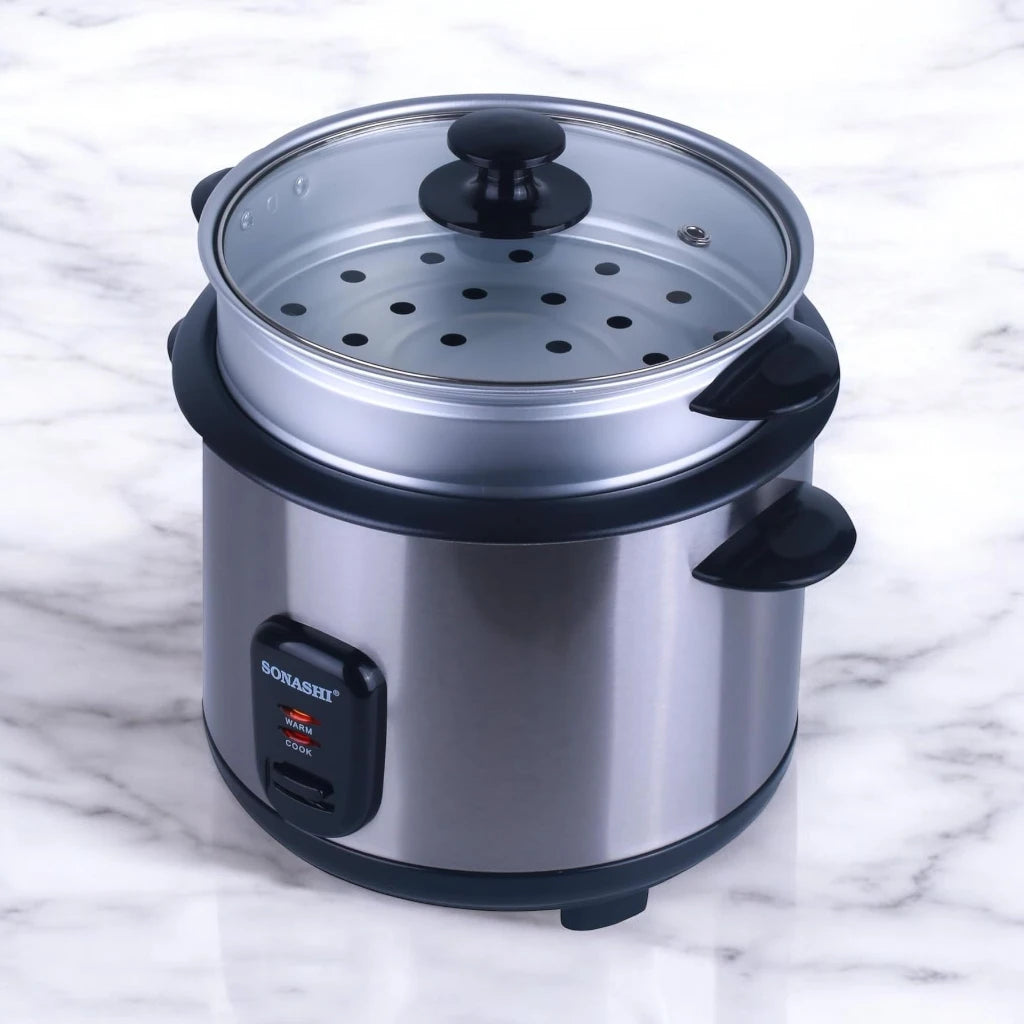 Sonashi 1.8L Electric Rice Cooker SRC-418 – Stainless Steel Housing, Non-Stick Removable Pot, Tempered Glass Lid, Auto Shut-Off & Keep Warm Function | 700W Cooker with Steamer, Spoon & Cup - Damoo