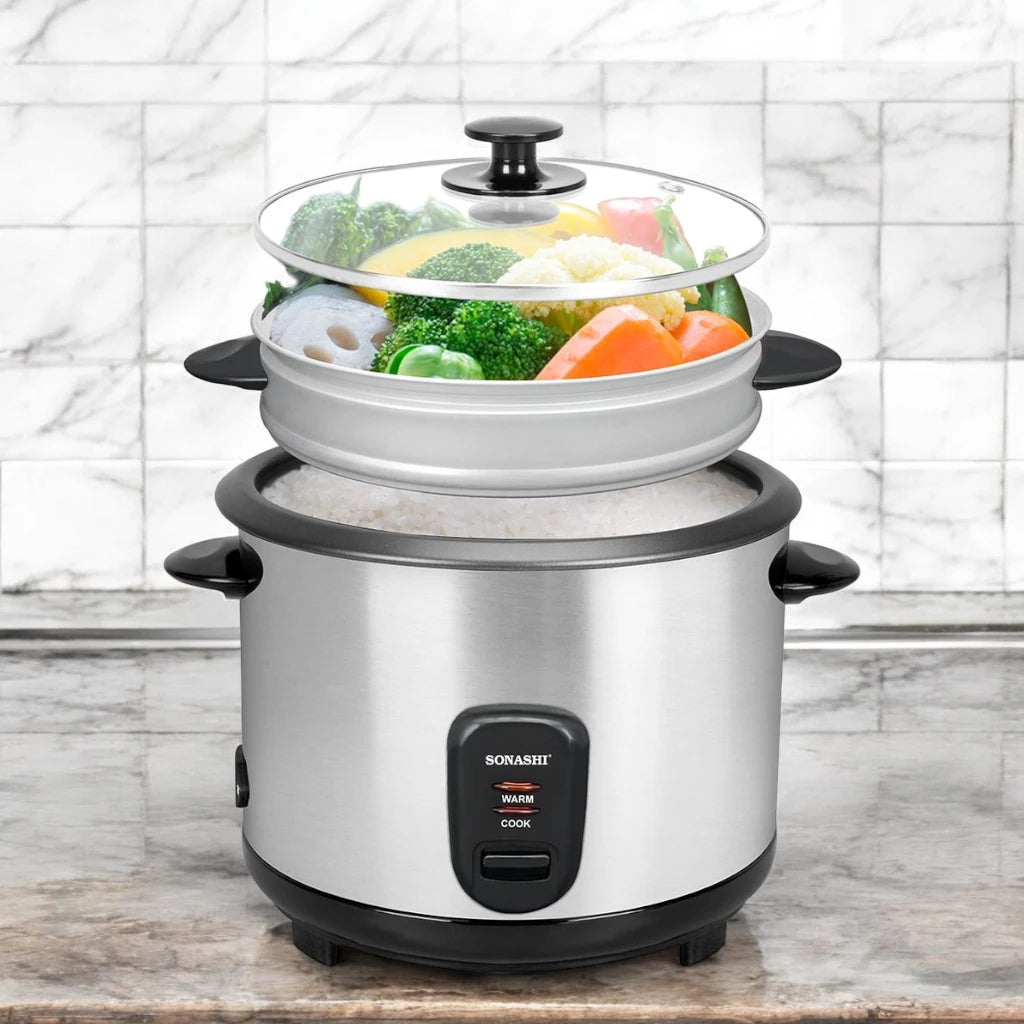 Sonashi 1.8L Electric Rice Cooker SRC-418 – Stainless Steel Housing, Non-Stick Removable Pot, Tempered Glass Lid, Auto Shut-Off & Keep Warm Function | 700W Cooker with Steamer, Spoon & Cup - Damoo