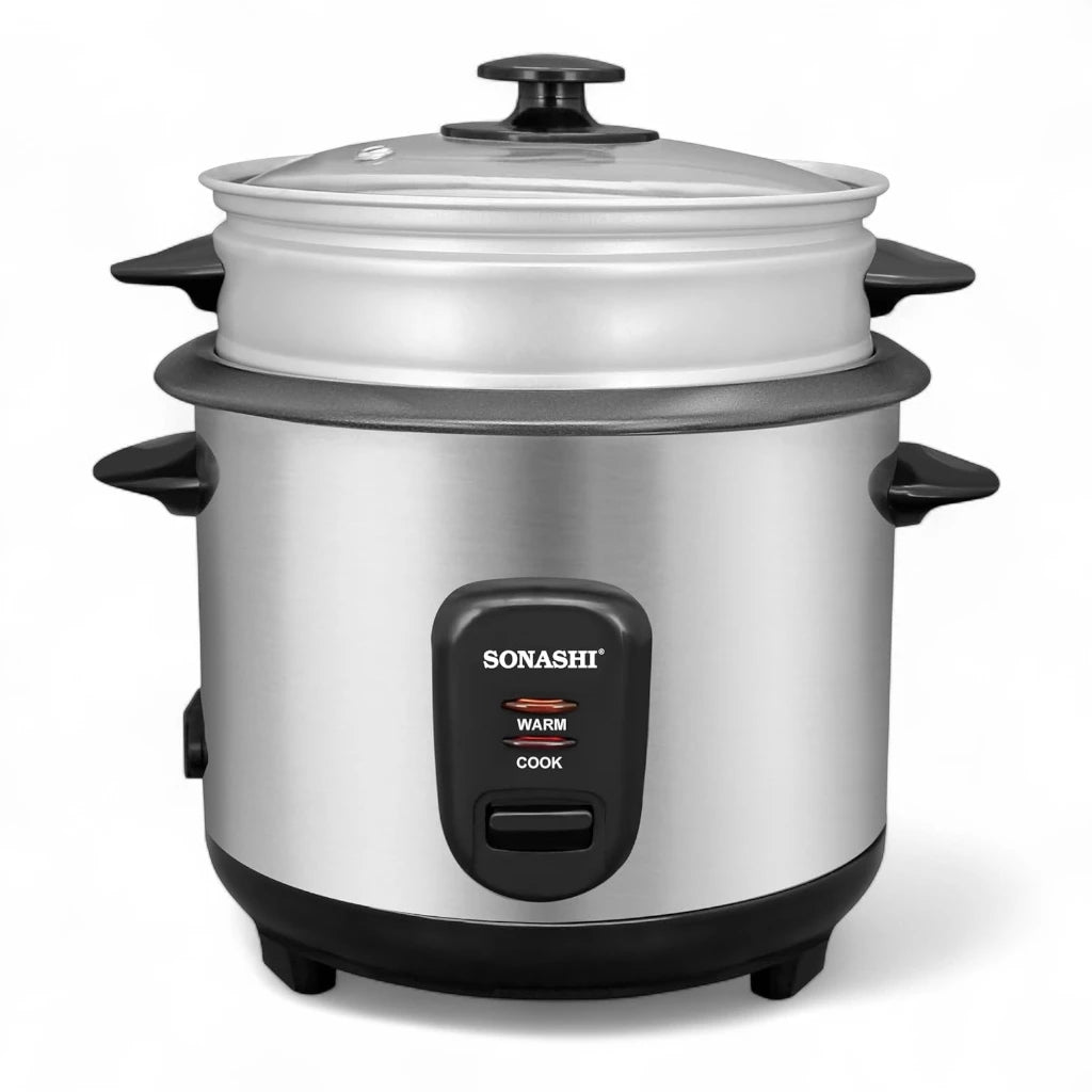 Sonashi 1.8L Electric Rice Cooker SRC-418 – Stainless Steel Housing, Non-Stick Removable Pot, Tempered Glass Lid, Auto Shut-Off & Keep Warm Function | 700W Cooker with Steamer, Spoon & Cup - Damoo