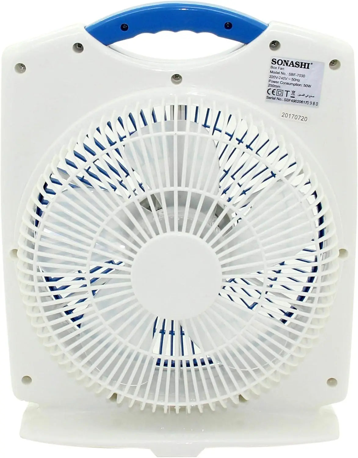 Sonashi 10-Inch Box Fan – 3-Speed Settings, 1-Hour Timer, Rotating Louver, Lightweight & Portable Design, Kid-Safe Protective Grill – White/Blue . SBF-7030 - Damoo