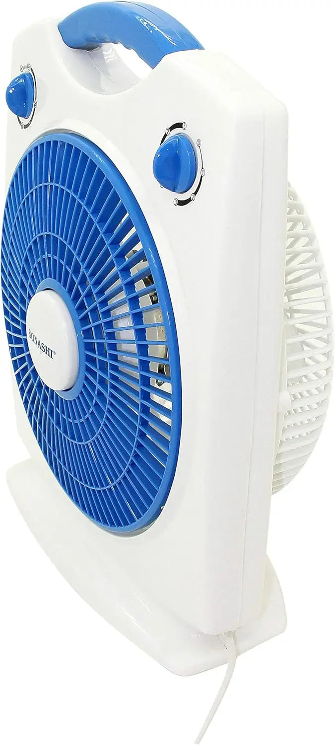 Sonashi 10-Inch Box Fan – 3-Speed Settings, 1-Hour Timer, Rotating Louver, Lightweight & Portable Design, Kid-Safe Protective Grill – White/Blue . SBF-7030 - Damoo