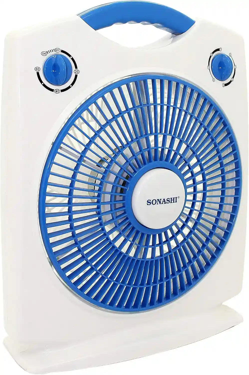 Sonashi 10-Inch Box Fan – 3-Speed Settings, 1-Hour Timer, Rotating Louver, Lightweight & Portable Design, Kid-Safe Protective Grill – White/Blue . SBF-7030 - Damoo