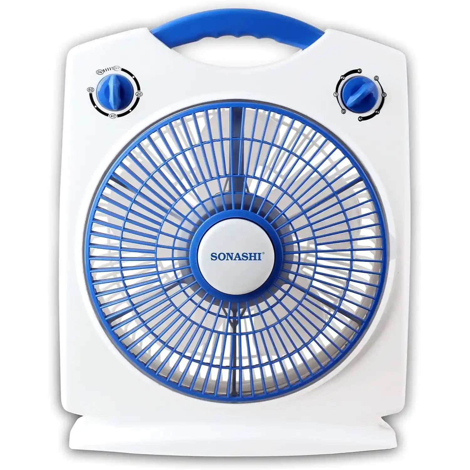 Sonashi 10-Inch Box Fan – 3-Speed Settings, 1-Hour Timer, Rotating Louver, Lightweight & Portable Design, Kid-Safe Protective Grill – White/Blue . SBF-7030 - Damoo