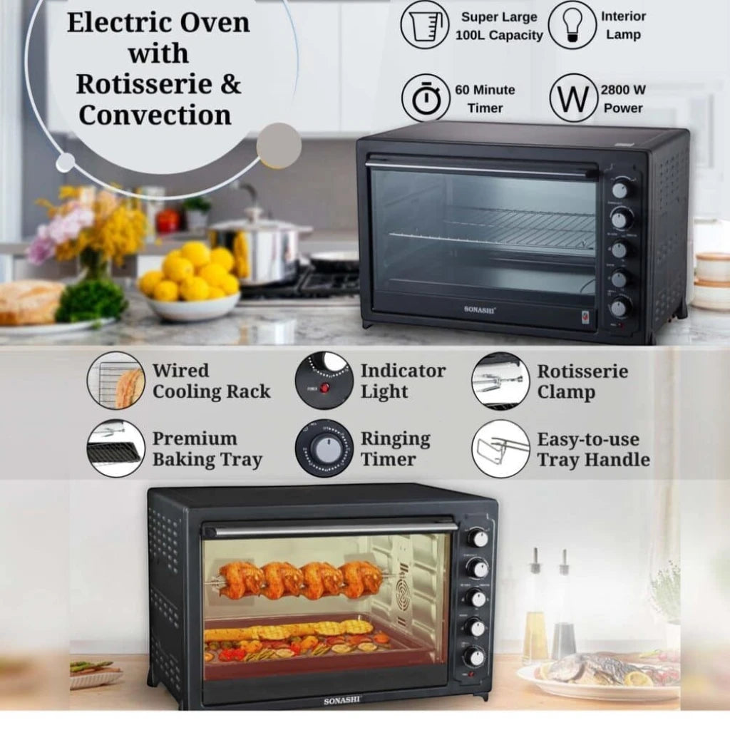 Sonashi 100L Electric Oven with 2800W Power, Auto Shut-Off, Temperature Control, Timer, Rotisserie & Stainless Steel Heating – Countertop Oven for Professional Use  – STO-734 - Damoo