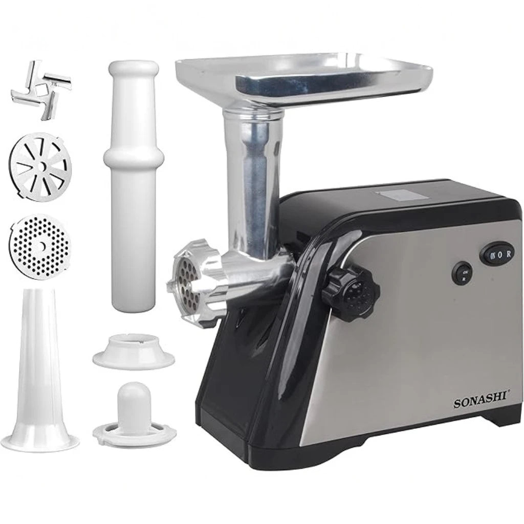Sonashi 1500W Electric Meat Grinder – SMG-021N, Stainless Steel Blade, 3 Cutting Plates, Reverse Function, Kubbe Attachment, Heavy-Duty Food Mincer – Silver & Black - Damoo