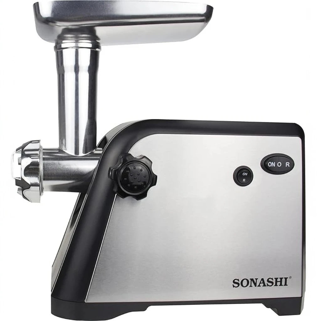Sonashi 1500W Electric Meat Grinder – SMG-021N, Stainless Steel Blade, 3 Cutting Plates, Reverse Function, Kubbe Attachment, Heavy-Duty Food Mincer – Silver & Black - Damoo
